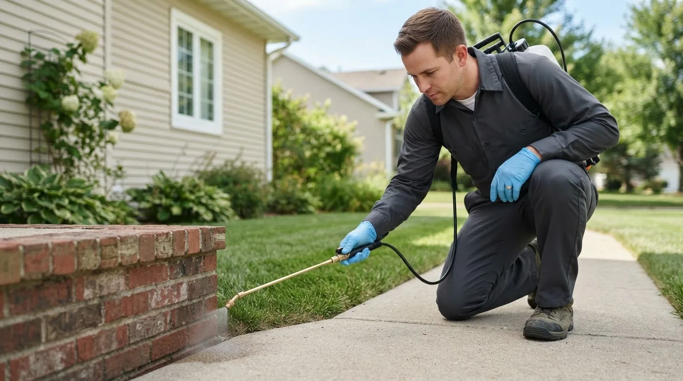 Pest control technician treating a home near Granbury, TX